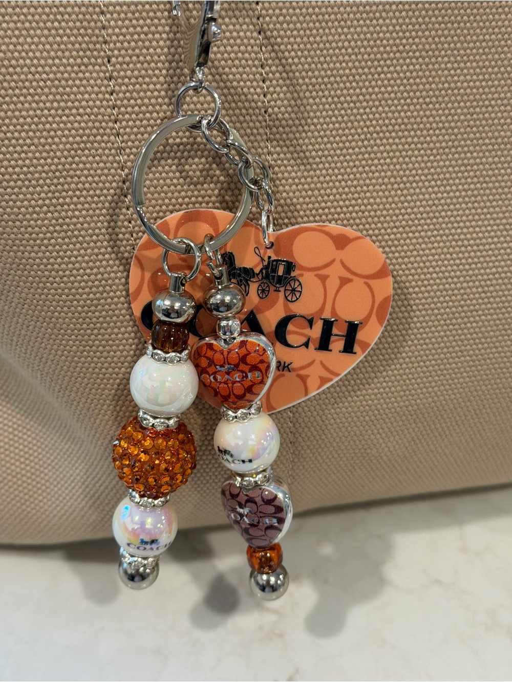 Fashion inspired Orange & White Heart Bead Keychain Charm